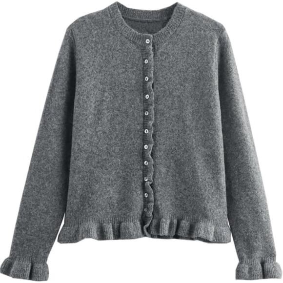Women's Cropped Cardigan Ruffle Frilly Grey - Picture 1 of 7